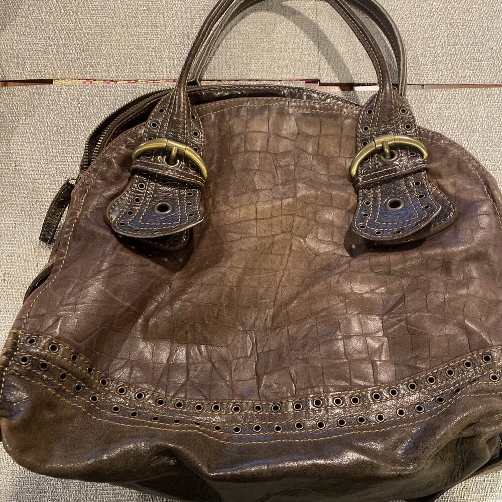 BY BIOS Shoulder Bag Butter Soft Italian Brown Leather Double Straps Buckles